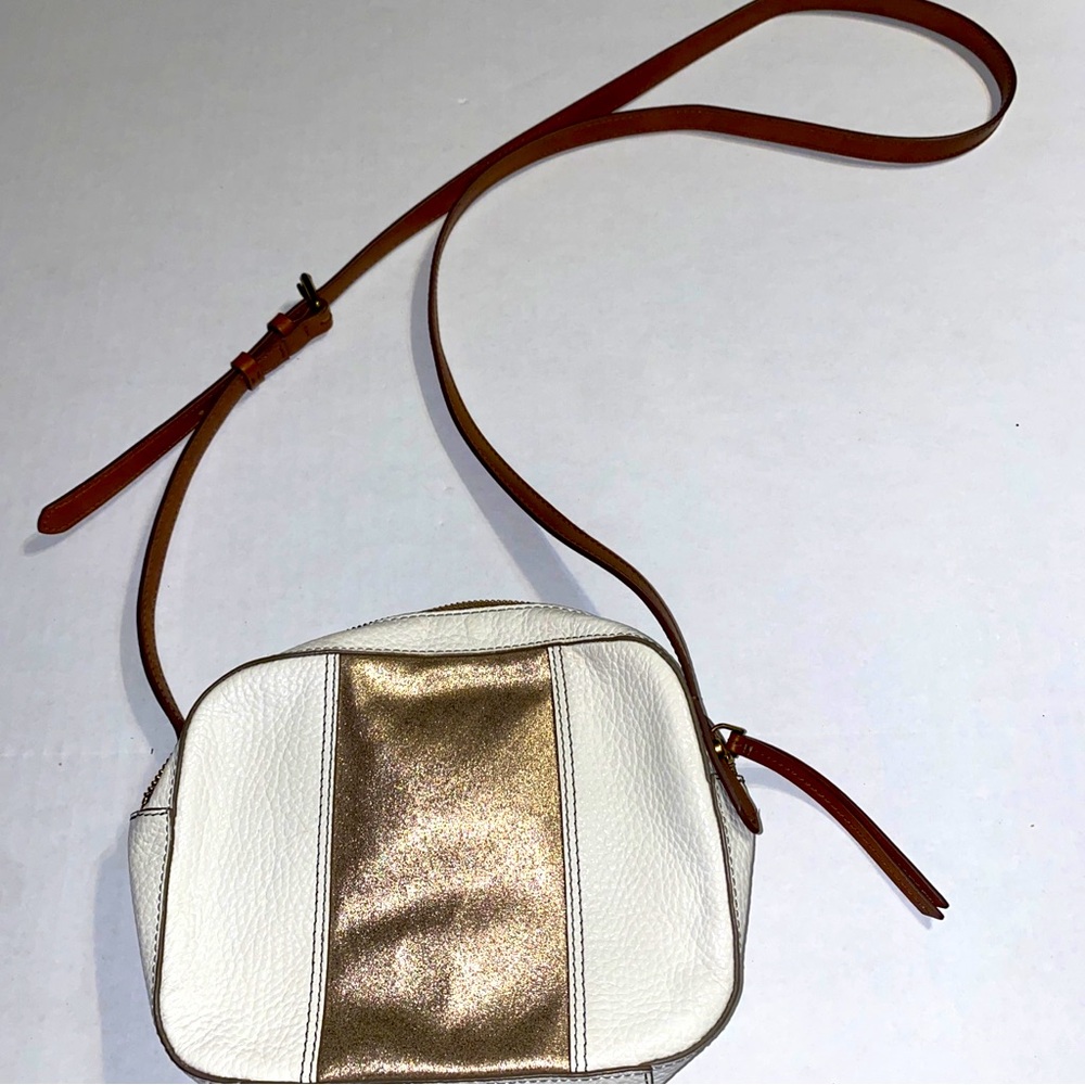 Fossil White and Gold Crossbody Bag with Brown Strap